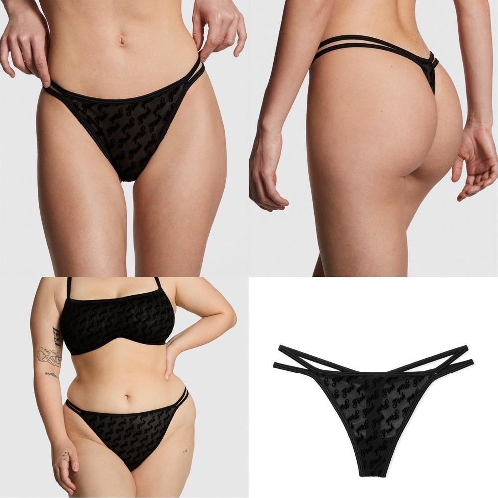 ✨🖤NWT Victoria's Secret PINK Logo Mesh Strappy Thong Panty Black Size M✨🖤